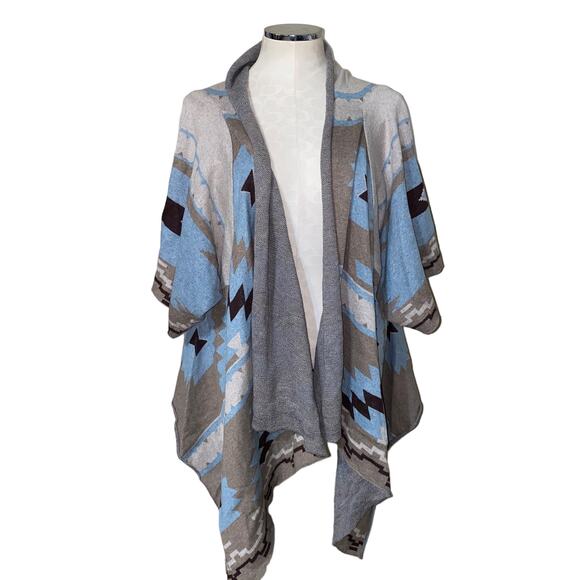 Soft Surroundings Southwest Aztec Open Front Wrap Cardigan Blue & Tan - Picture 6 of 6